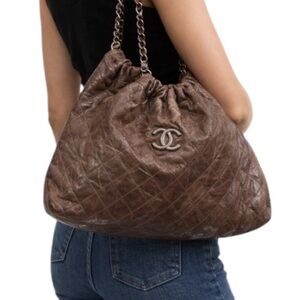 Chanel Drawstring Hobo Bag in Brown Caviar with CC Logo
